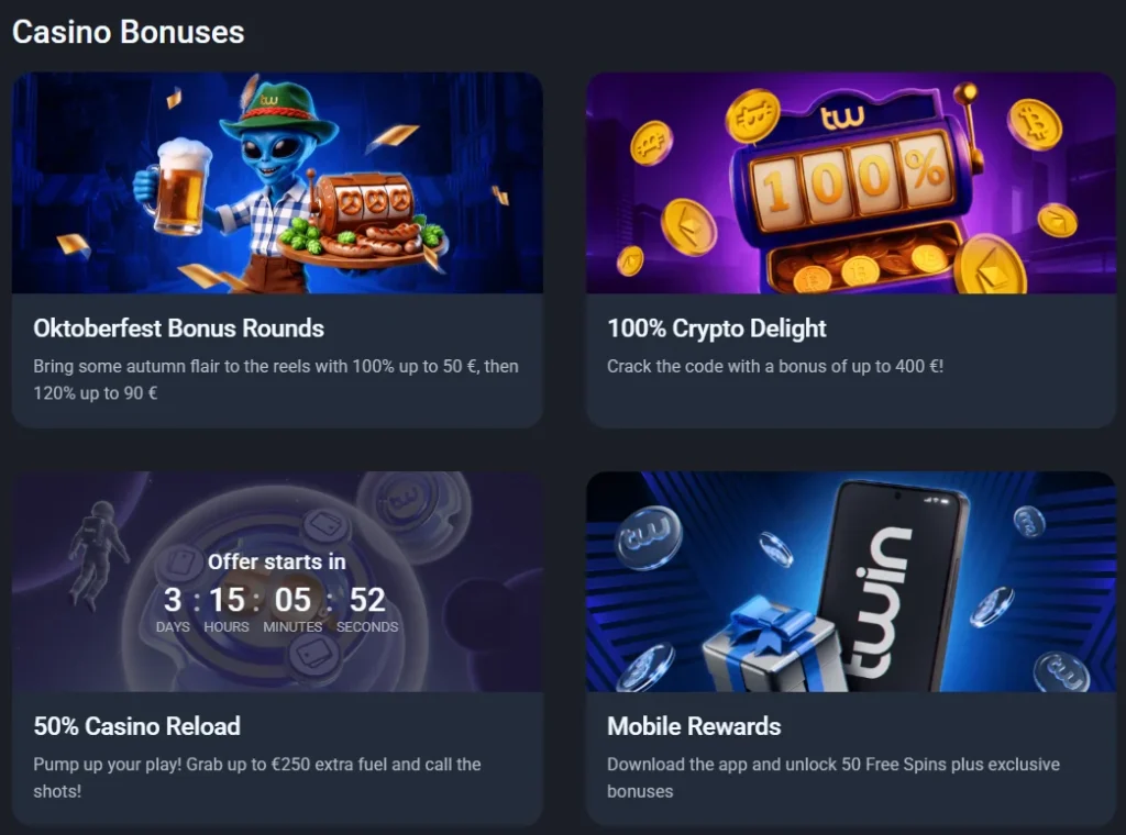 Twin Casino bonuses with crypto, reload and mobile rewards