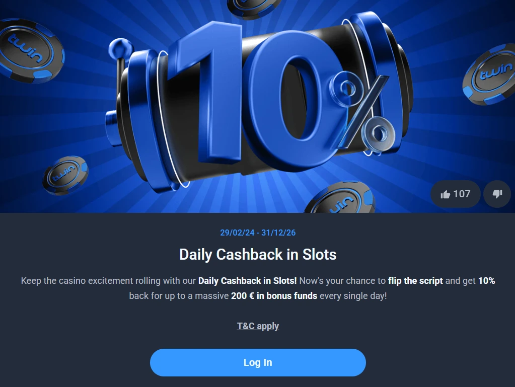Twin Casino Daily Cashback in Slots with 10% cashback up to €200