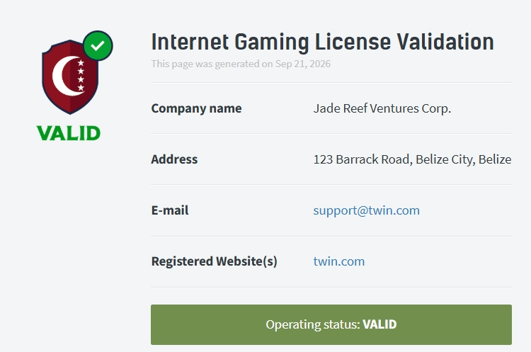 Twin Casino gaming license validation for Jade Reef Ventures Corp.