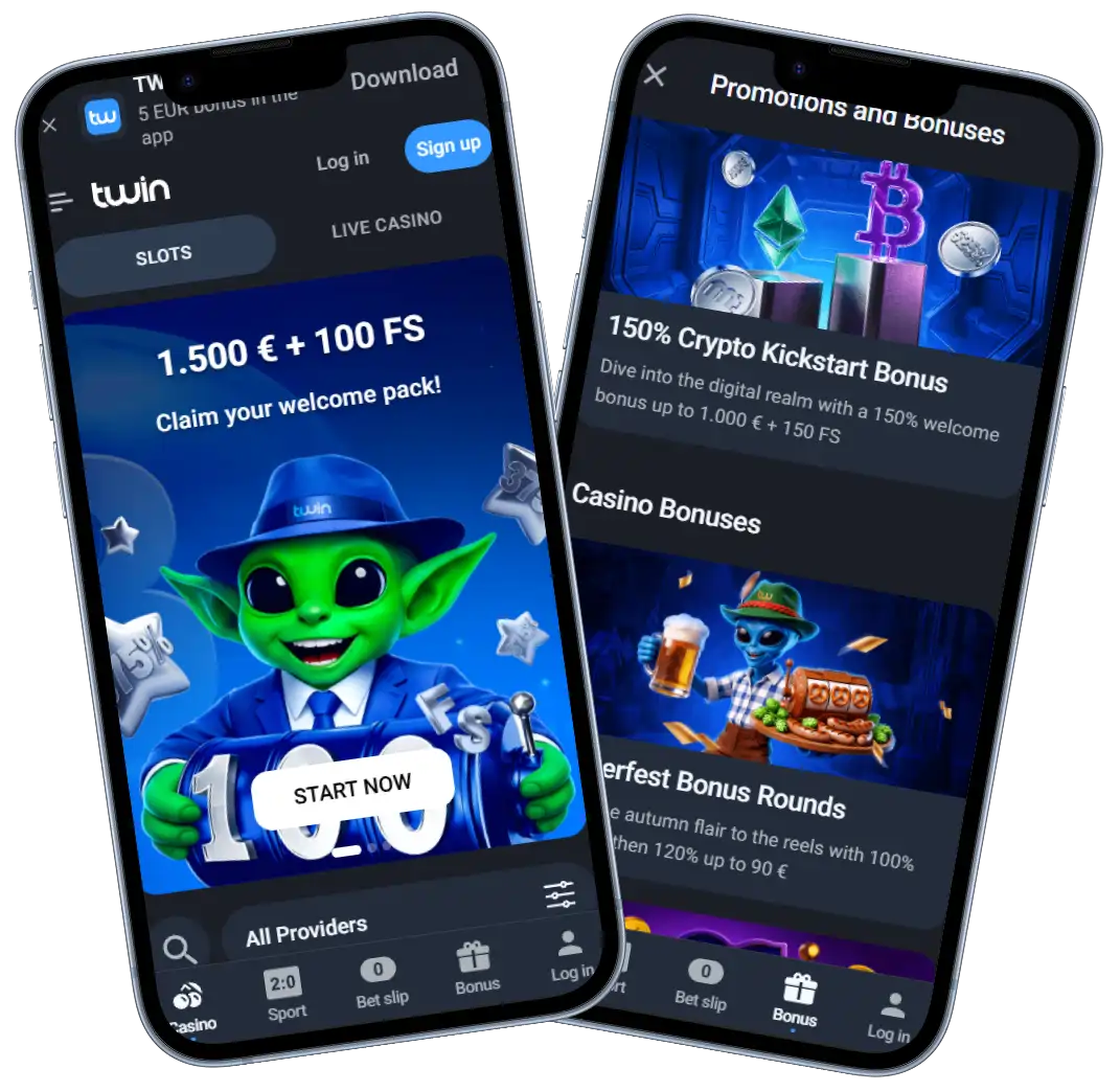 Twin Casino mobile app showing casino games and bonus offers